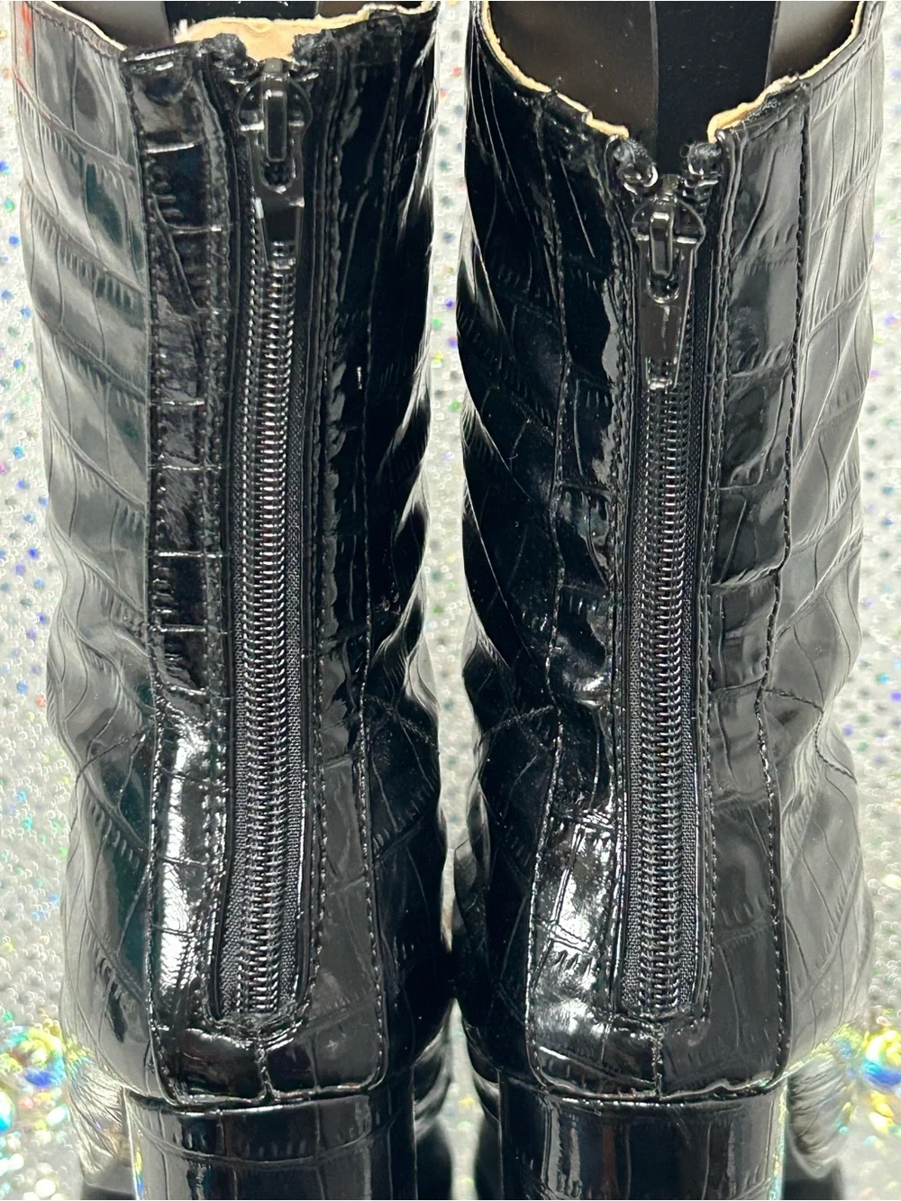 Fashion Nova Black Croc-Embossed Pointed Toe Ankle Boots - Size 9